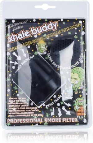 Xhale Buddy Professional Smoke Filter i emballasje med svart filter og ekstra filterdel synlig