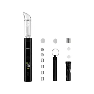 SMONO Sunshine V2 vaporizer i svart med glassmunnstykke, skjerm og tilbehør på hvit bakgrunn