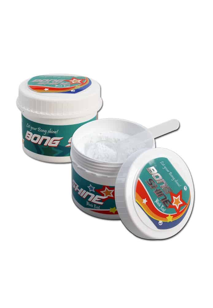 Black Leaf Bong Shine Cleaning Concentrate, åpnet bøtte med hvitt rengjøringspulver og måleskje