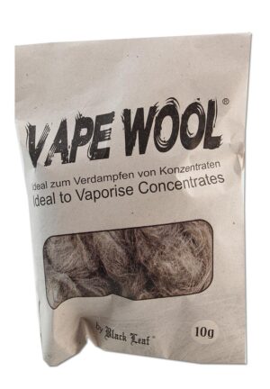 Black Leaf Vape Wool 10 g, beige pose med synlig hempfiber og tekst om concentrates