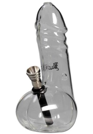 Black Leaf Willy Glassbong i klart glass med sort logo og metall downpipe, 17 cm høy