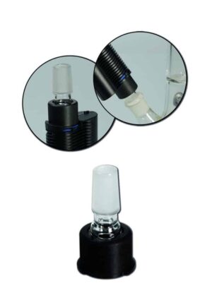 Bong Adapter Crafty/Mighty SG14 i svart med glassmunnstykke, vist i nærbilder av tilkoblingen