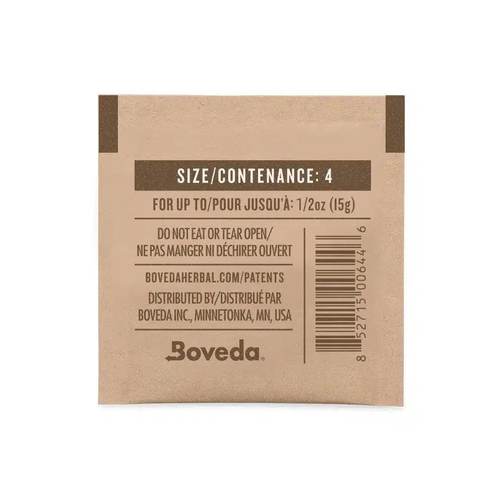 Boveda Humidity Regulator 58% 4 g, brun pakke med størrelse 4 og strekkode på baksiden