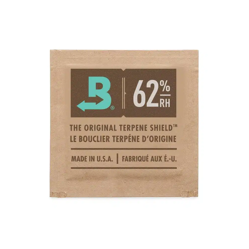 Boveda 62% RH fuktregulator i brun pakke med logo og tekst