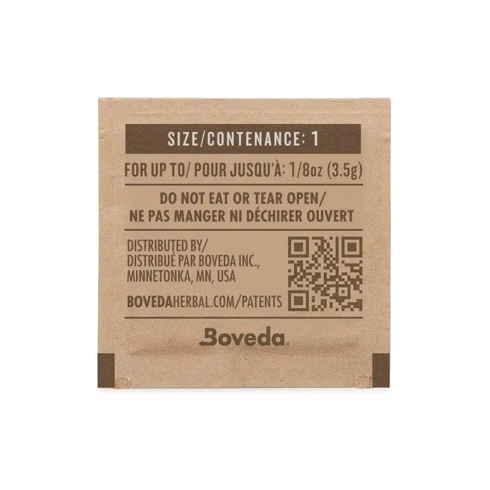 Boveda Humidity Regulator 62% - 4 g, brun emballasje med logo og tekst på baksiden