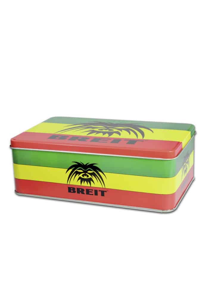 BREIT Rasta Gavesett i metallboks med grønn, gul og rød stripedesign og logo på lokket