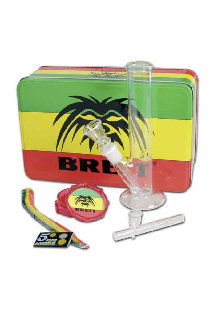 BREIT Rasta gavesett med metallboks, liten glassbong, pipe, grinder, ekstra skjermer og piperensere