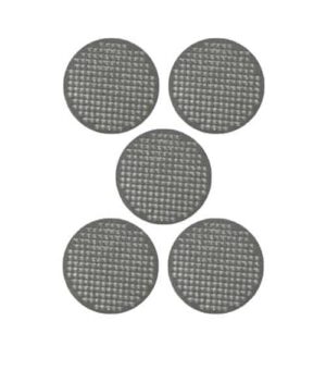 Flowermate V5/NANO mouthpiece screens, fem runde metalscreens på hvit bakgrunn