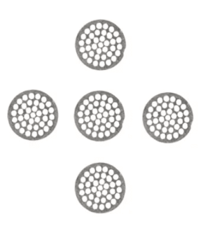 Flowermate STYLO munnstykke screens, fem runde metallrist med små hull fordelt på hvit bakgrunn
