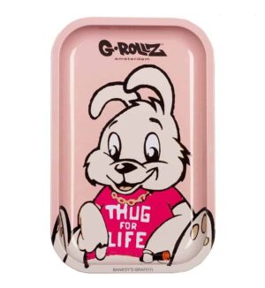 G-Rollz Mekkebrett med Banksy's Thug For Life-motiv, rosa brett med kanter og kaninillustrasjon