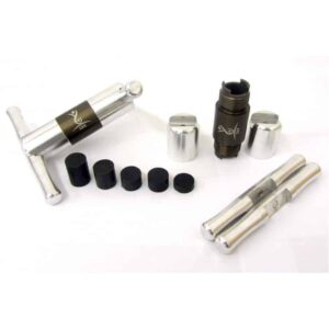 Heavy Duty Pollenpresse SX4 i aluminium, vist i flere deler med håndtak og svarte innlegg