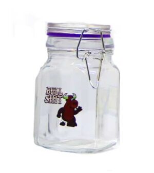 Juicy Jay's Herb Glass oppbevaringsglass med klipslokk og Bull Shit-figur på forsiden