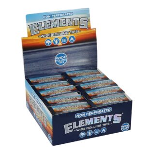 Elements Wide Rolling Tips kartong med flere pakker i displayboks, blå og oransje emballasje