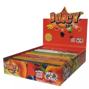 Juicy Jay's King Size Slim Mix kartong med fargerike smakspapir og åpen displayeske