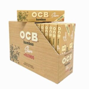 OCB Bamboo King Size Slim + Filter Tips kartong i bambu-design med åpne pakker