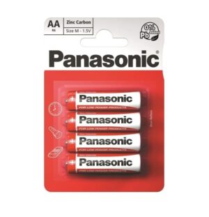 Panasonic AA-batterier i blisterpakke med 4 stk. til emballasjen vises på rødt og hvitt kort