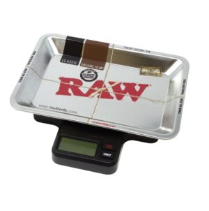 My Weigh x RAW Tray Scale med sølvfarget RAW mekkebrett og digitalvekt med grønt display