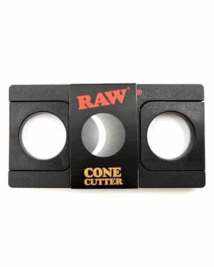 RAW Cone Cutter i svart, med tre runde åpninger og logo i oransje og gull på fronten