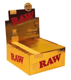 RAW Ethereal King Size Slim kartong med gul displayboks og synlige rullepapirpakker