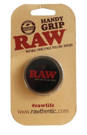 RAW Handy Phone Grip på kartongemballasje, svart telefongrep med RAW-logo