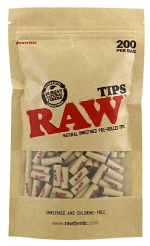 RAW Pre-Rolled Tips Bag, brun papirpose med vindu og synlige ferdigrullede filtertips