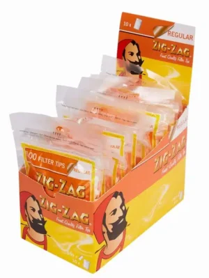 Zig-Zag Regular filtertips i kartong med 10 løse pakker i oransje og gult display