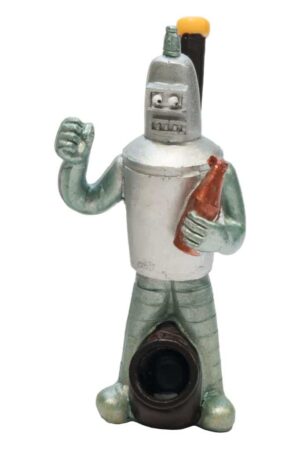 Bender Resinpipe med robotfigur, flaskemotiv og pipeåpning nederst