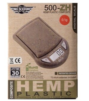 My Weigh 500-ZH Hemp digitalvekt på eske, viser 0,1 g og hamp plastkompositt