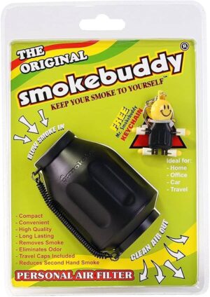 Smoke Buddy Original Personal Air Filter i blisterpakning med nøkkelring og svart filterenhet