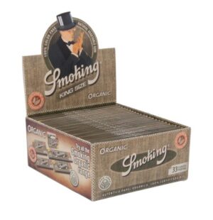 Smoking Organic King Size kartong med displayeske og synlige rullepapirpakker, 33 leaves per pakke