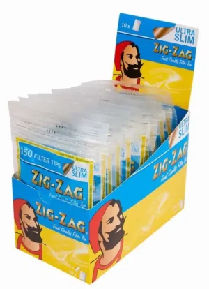 Zig-Zag Ultra Slim filtertips i displayboks, med flere poser synlig inni emballasjen