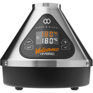 Volcano Hybrid Vaporizer fra Storz & Bickel, sølv og sort med digitalt display og knapper foran
