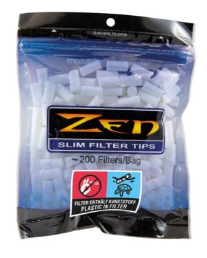 ZEN Slim Filters i pose, synlige hvite filter tips og merkeetikett for 200 stk.