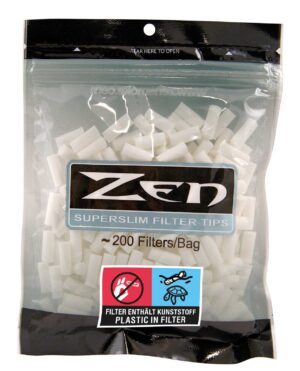 ZEN Superslim Filter Tips i pose, hvite filtertips synlig gjennom emballasjen